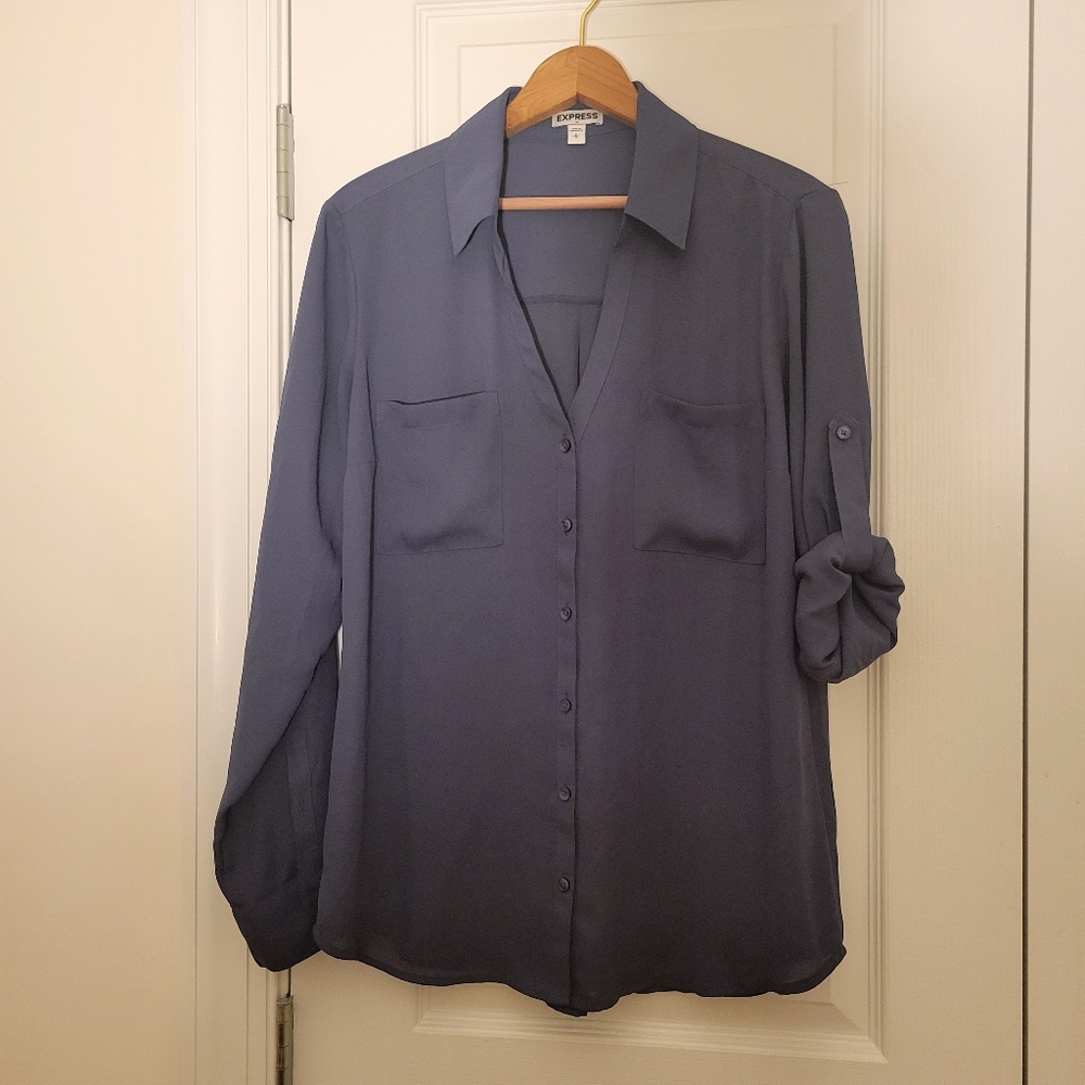 Express | Women’s Convertible Sleeve Portofino Button-down Shirt | Slate | Large